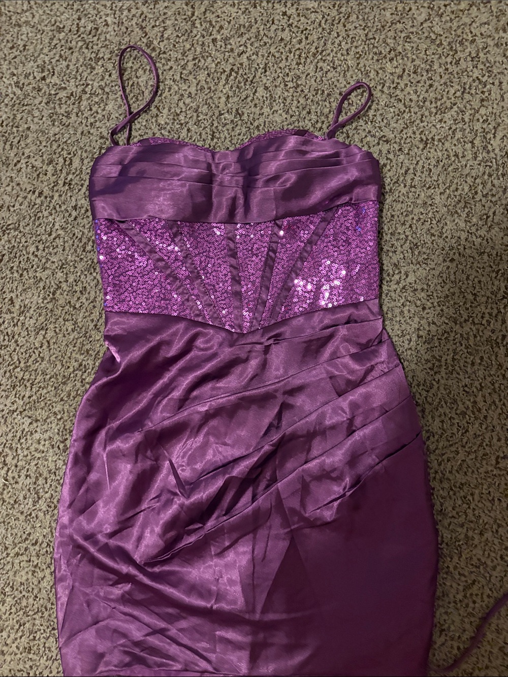 Strapless Purple Sequin-Accented Prom Dress